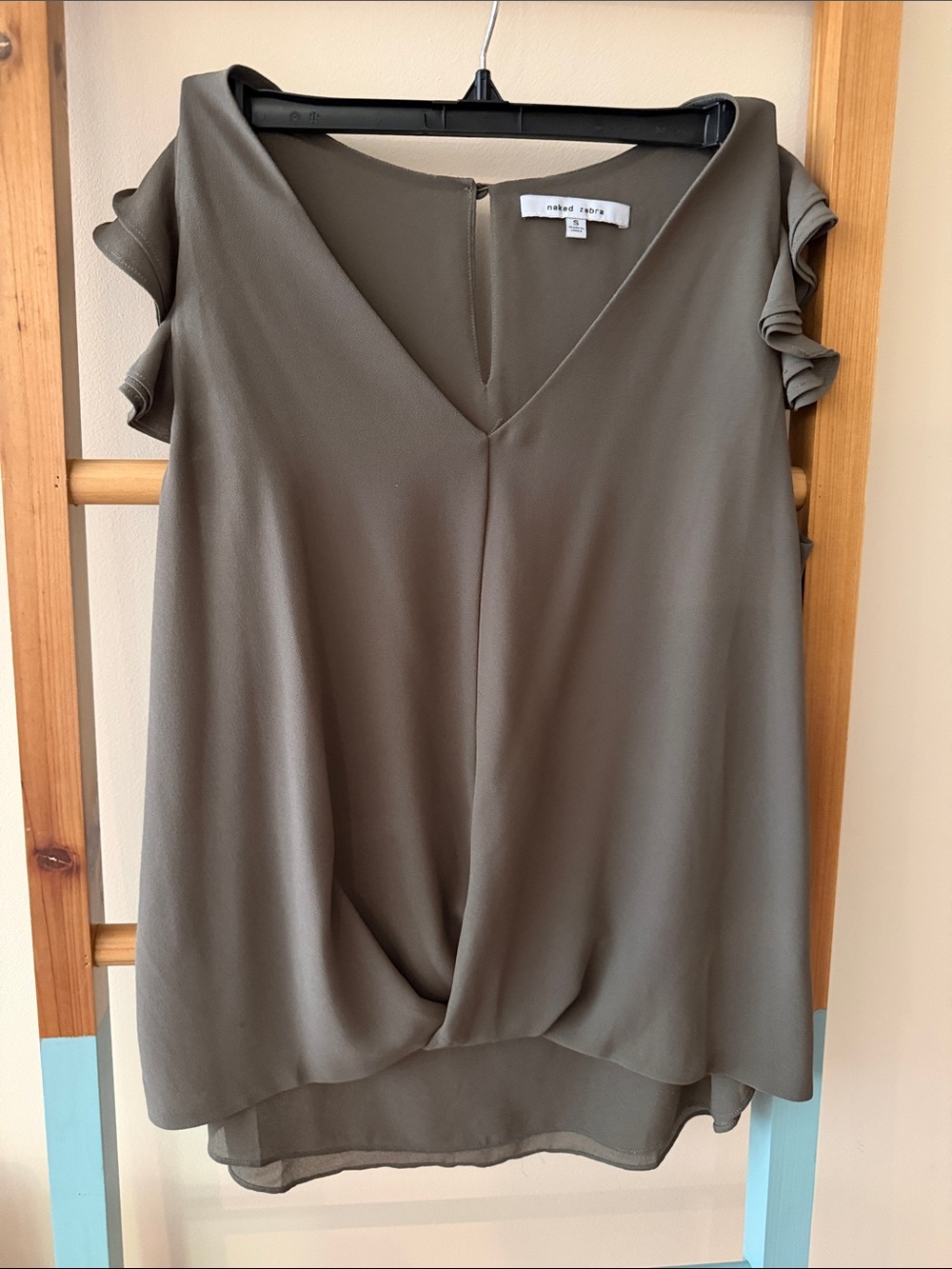 Naked Zebra Olive V-Neck Ruffle Sleeve Blouse